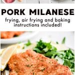 Pinterest Pin for Pork Milanese recipe with three images and text overlay.