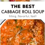 Pinterest Pin for the best cabbage roll soup recipe with four images and text overlay.