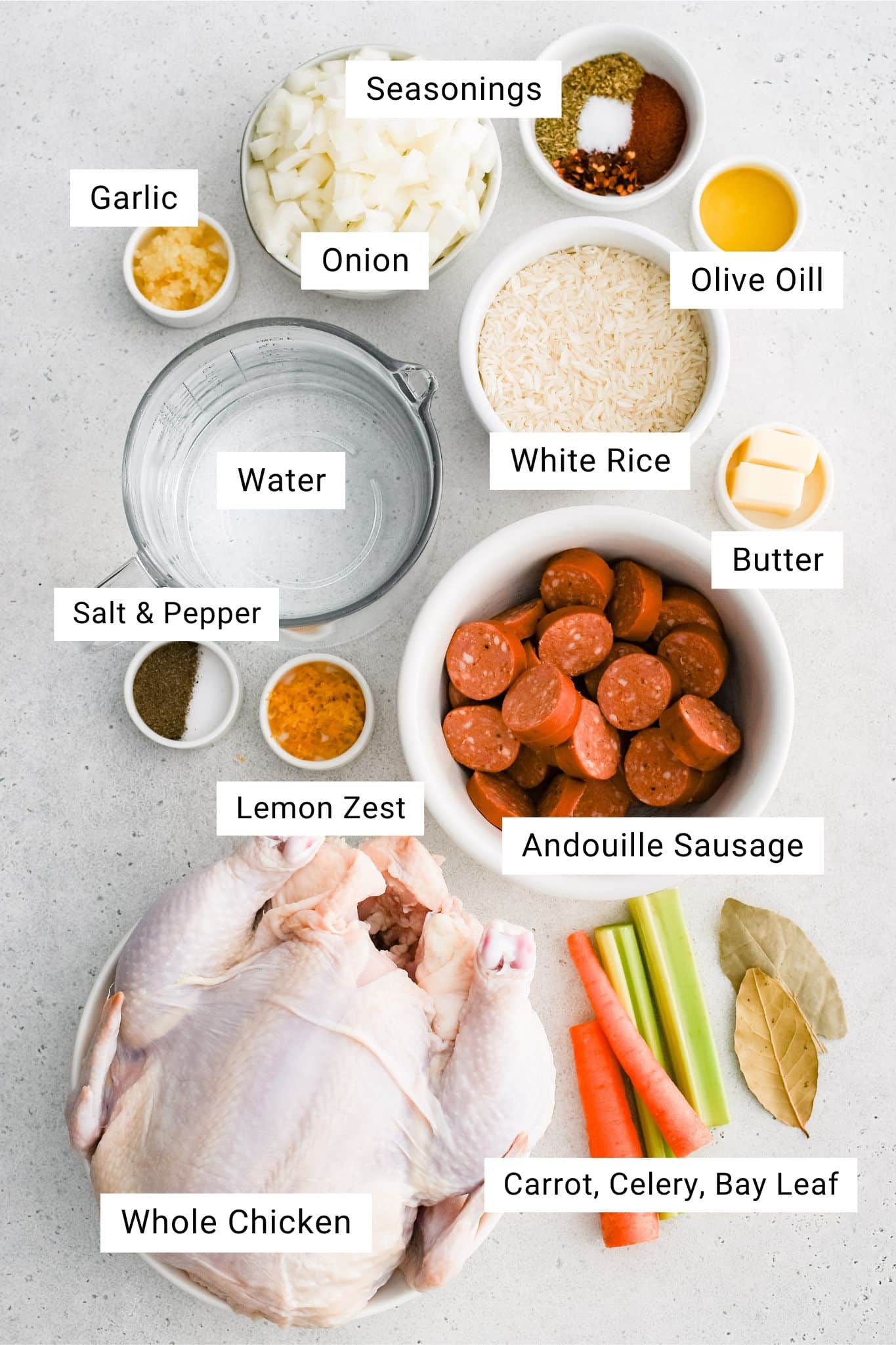 Ingredients for Chicken Bog Recipe were measured out and set aside in individual serving bowls.