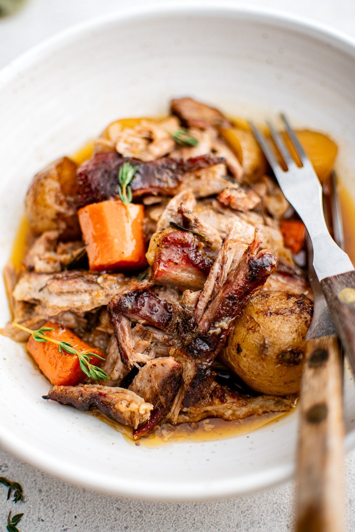 A white bowl is filled with tender shredded pork roast, softened carrots, and potatoes in a rich and savory garlic and herb broth.