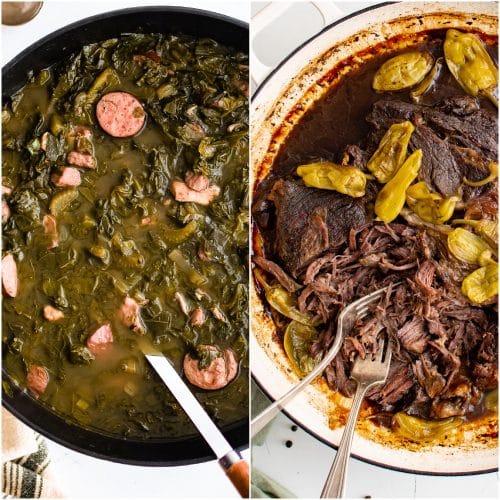 This vertical Pinterest collage features a roundup of comfort food recipes made in a Dutch oven. The images showcase golden roasted meats, bubbling stews, and rustic breads, highlighting the versatility of Dutch oven cooking for cozy, one-pot meals.