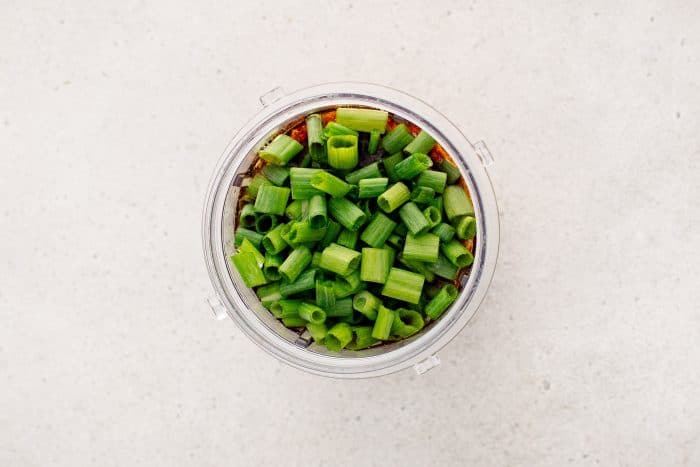 A small countertop blender filled with soy sauce, sliced green onions, tomato paste, sugar, garlic, ginger, mirin, and sesame oil, ready to be blended.
