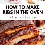 Close-up of tender oven-baked pork ribs brushed with BBQ sauce on a baking sheet.