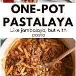 A large Dutch oven with green handles is filled with hot, saucy Pastalaya. The penne pasta is coated in a rich tomato-based Cajun sauce, with slices of browned andouille sausage and pieces of pork visible throughout. The dish is finished with a generous sprinkle of fresh parsley and grated Parmesan cheese on top.