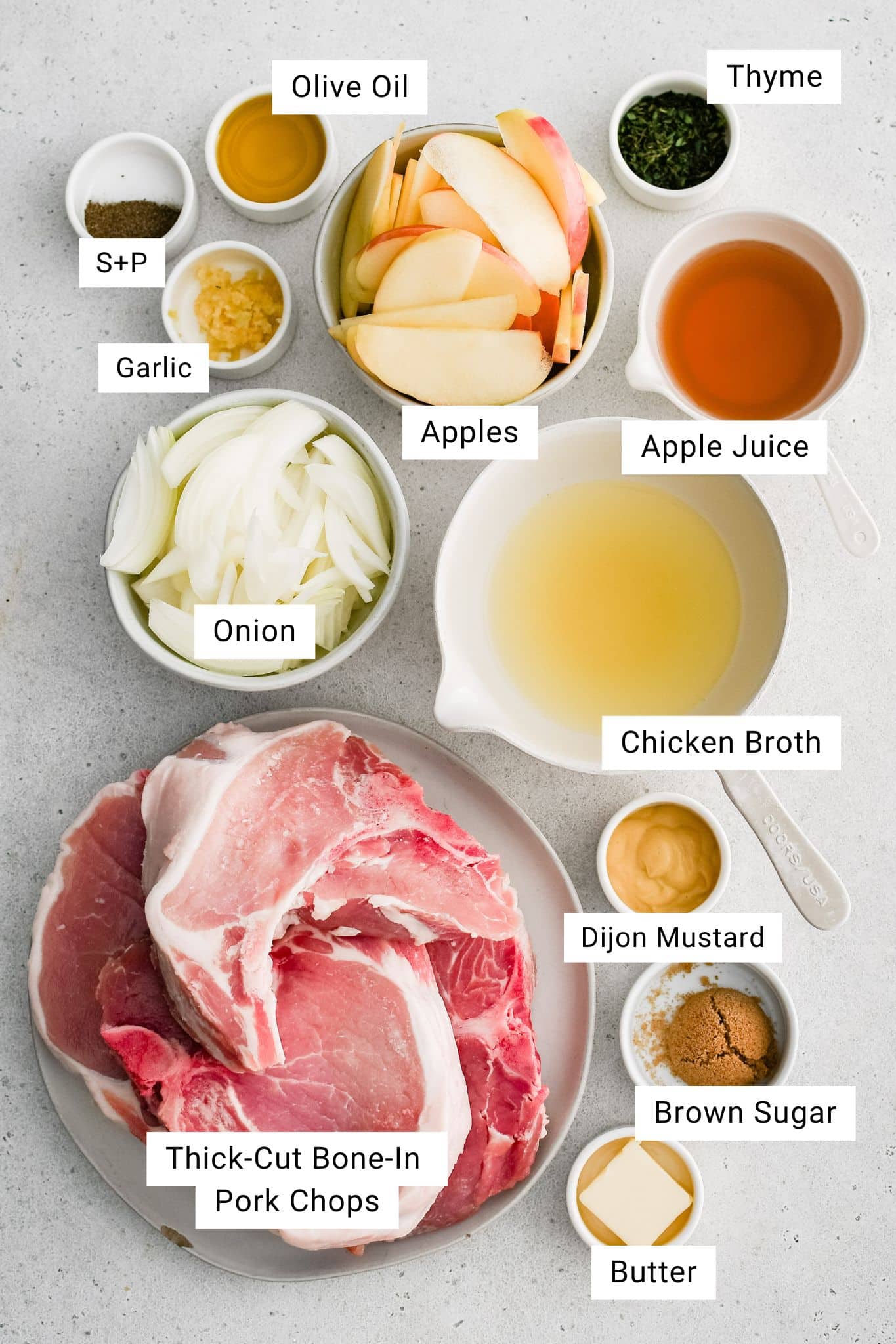 Labeled image of the ingredients for pork chops with apples and onions.