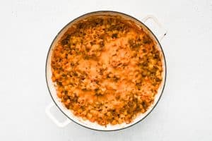 Baked sloppy joe casserole with pasta and topped with melted cheese in a large round casserole dish ready to be served.