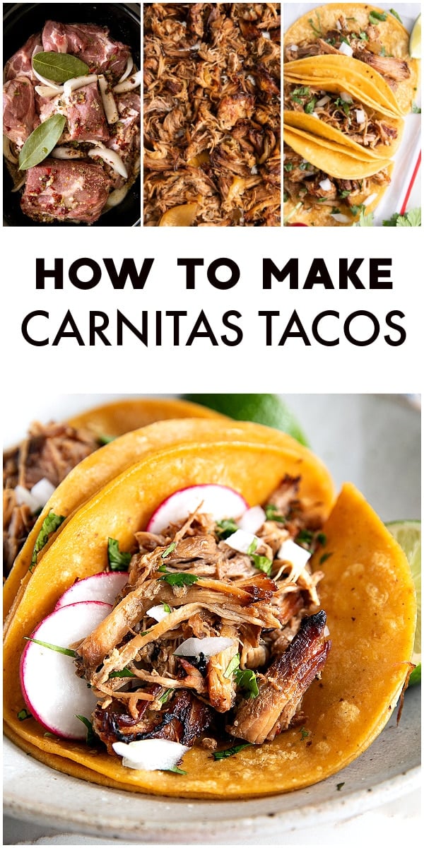 Pinterest Pin for the best carnitas tacos recipe with four images and text overlay.