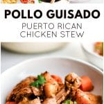 Pinterest Pin for one-pan pollo guisado recipe with four images and text overlay.