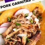 Close-up of a pork carnitas taco with crispy shredded pork, sliced radishes, chopped onions, and fresh cilantro on a corn tortilla.