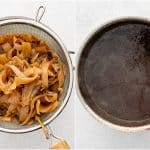 Side-by-side images: The image on the left shows a fine mesh strainer set on top of a medium saucepan filled with tender cooked onion slices. The image on the right shows
