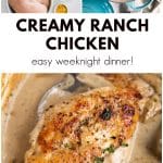 Spoon lifting juicy pan-seared chicken breast from thick, creamy ranch gravy in a Dutch oven.