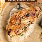 Spoon lifting juicy pan-seared chicken breast from thick, creamy ranch gravy in a Dutch oven.