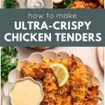 A full serving of golden, crispy buttermilk chicken tenders presented on a round plate with a small bowl of honey mustard dipping sauce, a side plate of French fries, fresh lemon slices, and a soft blue cloth napkin. Additional plates of chicken tenders surround the main dish, making this a perfect meal for sharing or game day.