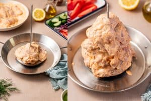 Two images side by side: The image on the left shows a few pieces of yogurt-marinated chicken threaded onto a vertical spit. The image on the right shows all 2.5 pounds of yogurt marinated chicken for chicken gyros stacked on a vertical spit.