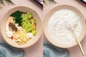 Two images side by side: The first image show all of the ingredients for homemade Tzatziki sauce in a bowl and the second image shows a bowl of freshly prepared tzatziki sauce made with strained cucumber, Greek yogurt, garlic, red wine vinegar, dill, salt, and pepper, ready to chill and develop flavor.