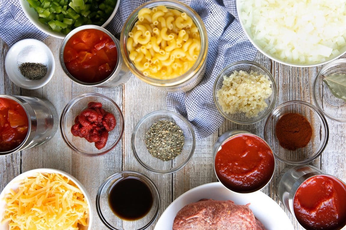 Overhead image of ingredients needed to make American Goulash.