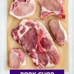 The five types of pork chops (rib chop, boneless chop, sirloin chop, shoulder chop, and loin chop) on top of brown butcher paper.