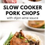 Juicy pork chop topped with thickened sauce on a plate with mashed potatoes and and green beans.
