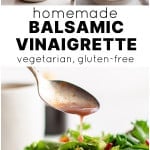 Three images showing balsamic vinaigrette being drizzled, stirred, and spooned over salad with text “Homemade Balsamic Vinaigrette – vegetarian, gluten-free”