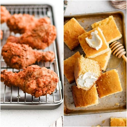 Split image showing crispy buttermilk fried chicken on a cooling rack beside a pan of sweet cornbread squares topped with butter and served with a honey dipper.