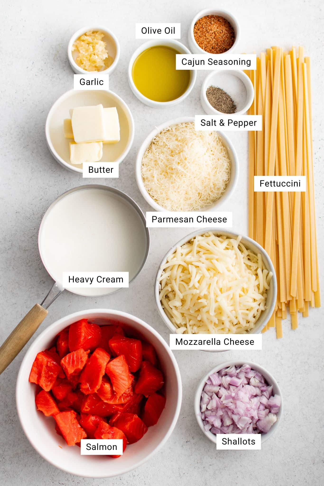 Overhead of measured ingredients for salmon pasta recipe—salmon, pasta, cheeses, shallots, garlic, butter, heavy cream, oil, and Cajun seasoning—neatly arranged and labeled for easy prep.