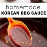 A vertical Pinterest collage featuring three images: a jar of Korean BBQ sauce topped with sesame seeds, a wooden brush dripping with sauce, and a spoonful of thick sauce showing its glossy texture. The text overlay reads “Homemade Korean BBQ Sauce.”