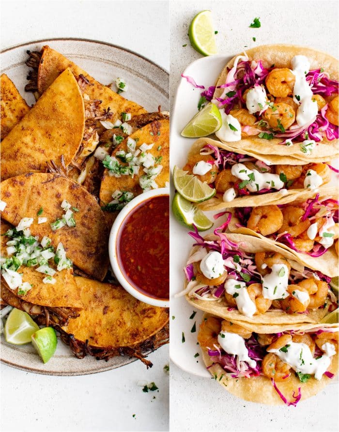 Two images side by side. On the left is an image of quesabirria tacos on a white plate, and the image on the right is of five shrimp tacos topped with Mexican crema and slaw.