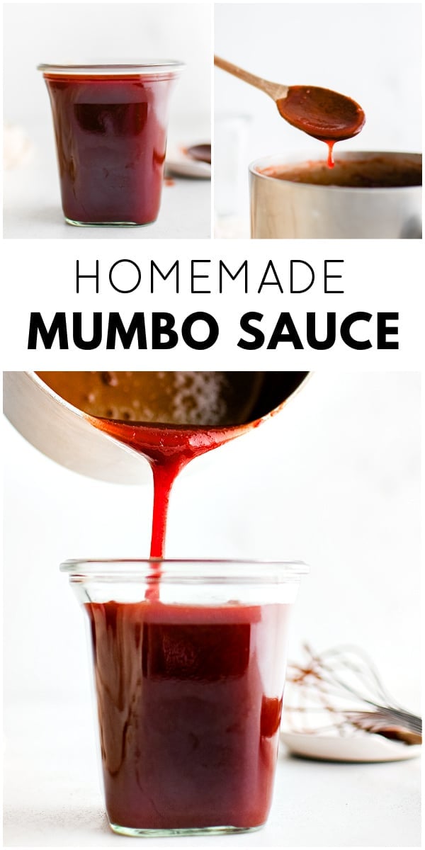 A Pinterest-friendly vertical collage featuring three images of thick, glossy mumbo sauce being poured into and stored in a glass jar, with bold "Homemade Mumbo Sauce" text in the center.