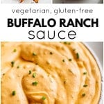 Buffalo Ranch Sauce shown with fries and in bowl, labeled vegetarian and gluten-free
