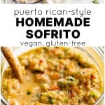 A collage pin featuring three bright, close-up images of homemade sofrito in a food processor and jar. Text overlay highlights that the recipe is vegan and gluten-free.