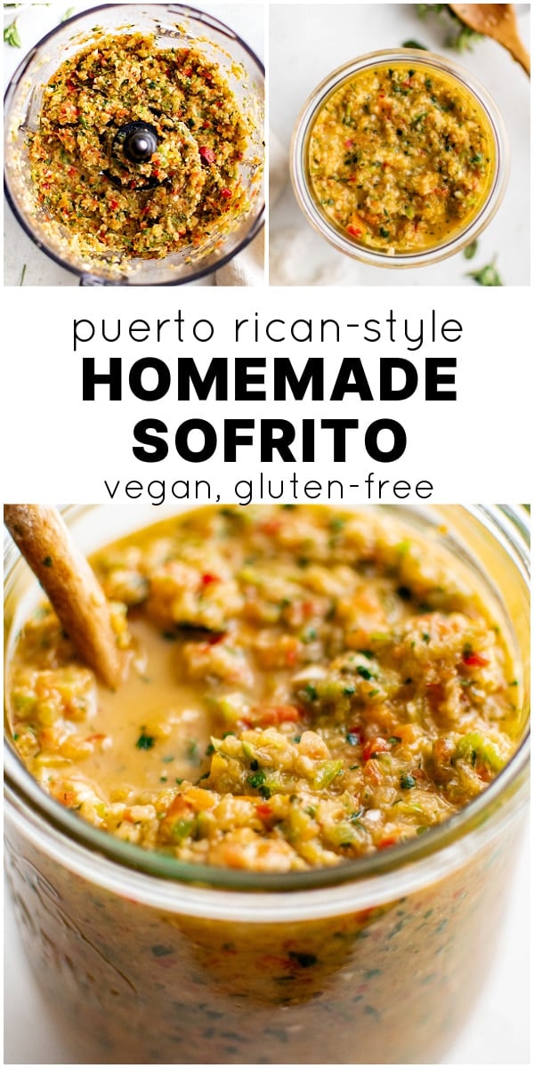 A collage pin featuring three bright, close-up images of homemade sofrito in a food processor and jar. Text overlay highlights that the recipe is vegan and gluten-free.