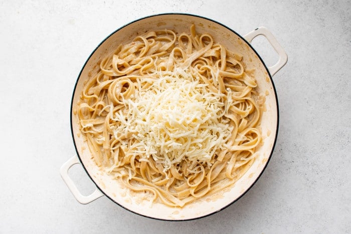 Mozzarella cheese added to creamy fettuccini pasta and white sauce.