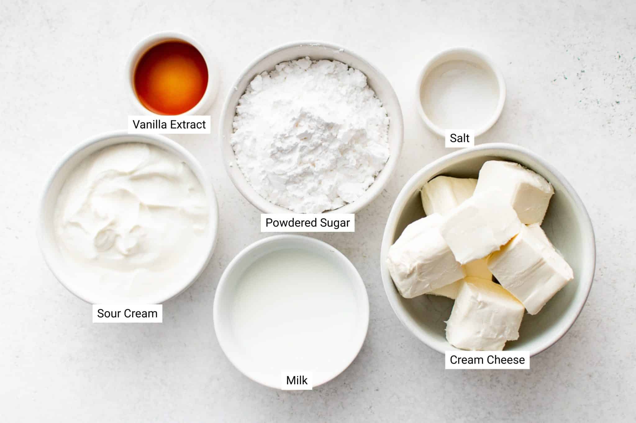 Overhead image showing all the ingredients for fruit dip—cream cheese, powdered sugar, sour cream, vanilla extract, milk, and salt—each clearly labeled.