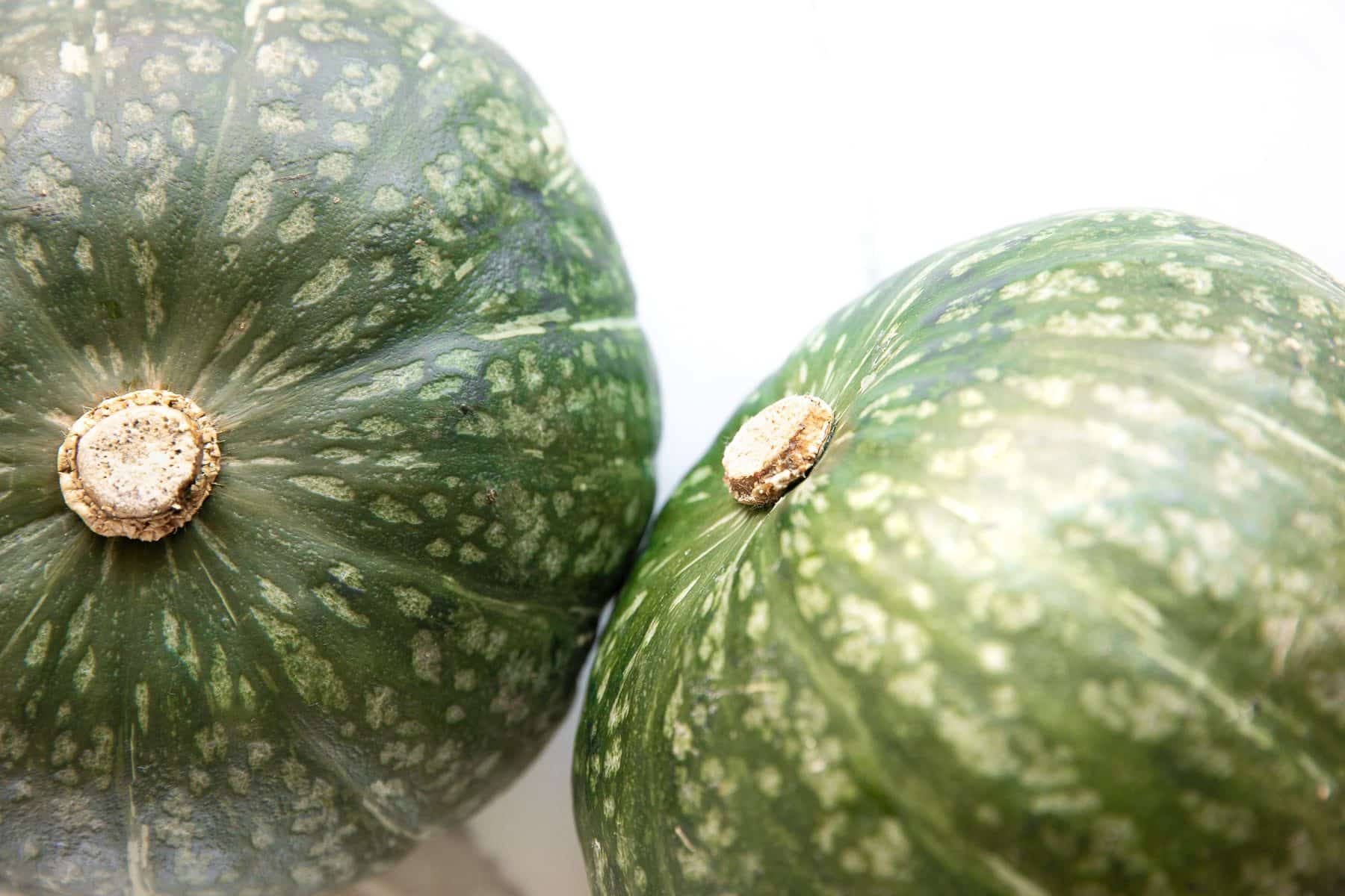 Two whole, raw, kabocha squash on a white surface.