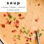 A close-up Pinterest pin of a large pot of Beer Cheese Soup with a ladle resting inside. The creamy orange soup is topped with chopped bacon and green onions, highlighting its rich and cheesy texture.