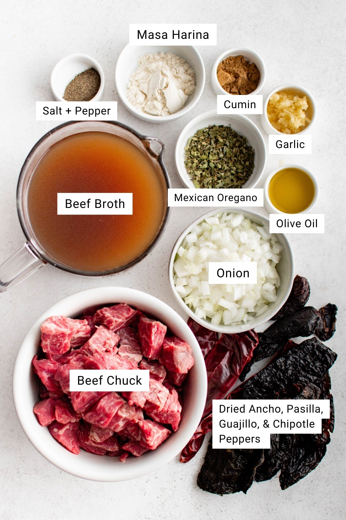 Overhead view of neatly arranged ingredients for Texas chili, each labeled with text. Includes a bowl of cubed beef chuck, dried ancho, pasilla, guajillo, and chipotle peppers, diced onion, beef broth, olive oil, garlic, Mexican oregano, cumin, masa harina, and salt and pepper.