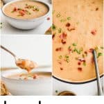 A Pinterest collage of creamy Beer Cheese Soup served in white ceramic bowls, topped with crispy bacon and chopped green onions. One close-up shows a spoon lifting a cheesy bite of soup, while another highlights a pot filled with the velvety, orange-tinted soup garnished with bacon and scallions.