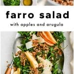Collage of farro salad ingredients and finished salad with apples, arugula, walnuts, and Parmesan.