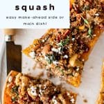 Close-up of roasted butternut squash halves stuffed with quinoa, kale, apples, pecans, and dried cranberries. The filling is golden and textured, topped with fresh thyme and crumbled cheese. A serving knife rests beside the squash on a white plate, with text overlay reading โStuffed Butternut Squash, easy make-ahead side or main dish!โ
