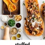 Collage of three images showing the process and final result of stuffed butternut squash. The top-left image shows roasted butternut squash halves on a baking sheet with a spoon scooping out the softened flesh. The bottom-left image displays labeled ingredients including quinoa, kale, apples, cranberries, pecans, onion, garlic, butter, olive oil, broth, and spices. The right side highlights the finished dish: roasted butternut squash stuffed with quinoa, kale, apples, dried cranberries, and pecans, topped with crumbled cheese and fresh thyme.