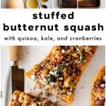 Three-image collage of stuffed butternut squash. The top panel shows raw ingredients neatly arranged in bowls, including kale, apples, quinoa, pecans, dried cranberries, and spices, alongside a whole butternut squash. Another panel shows roasted butternut squash halves on a baking sheet with a spoon scooping out the flesh. The bottom image highlights the final baked dish sliced open and stuffed with a quinoa, kale, apple, cranberry, and pecan mixture, garnished with fresh herbs and feta.