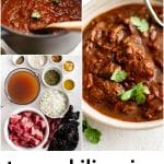A three-photo collage showing the process and finished dish for Texas chili. The top left shows a black Dutch oven filled with thick red chili topped with cilantro, the right panel shows a close-up of beefy chili in a white bowl garnished with cilantro, and the bottom left displays measured ingredients including cubed beef, dried chiles, diced onion, spices, broth, and masa harina. Bold text across the bottom reads โTexas Chili Recipe โ authentic no beans, no tomatoes.โ
