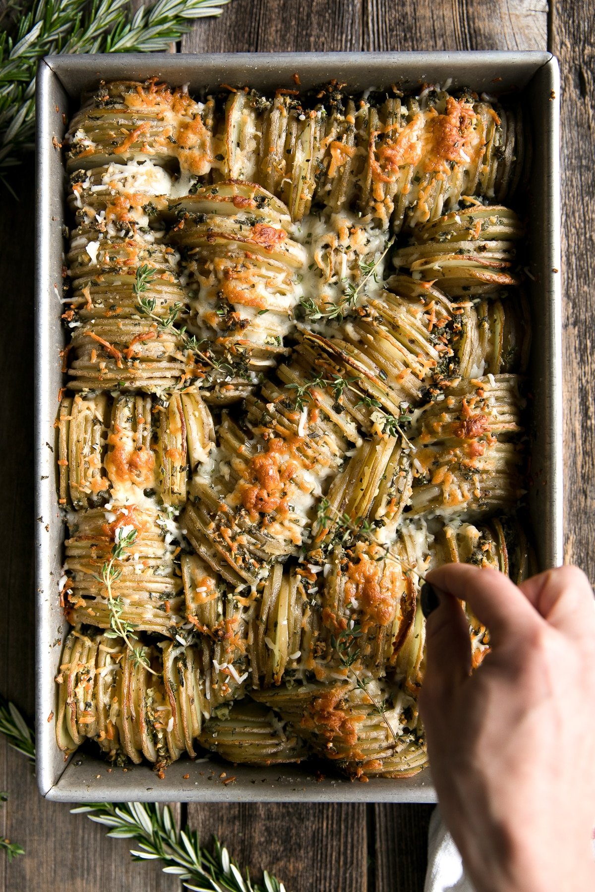 Crispy hasselback potato casserole baked with garlic, herbs, and melted cheese in a metal pan – easy Thanksgiving side dish