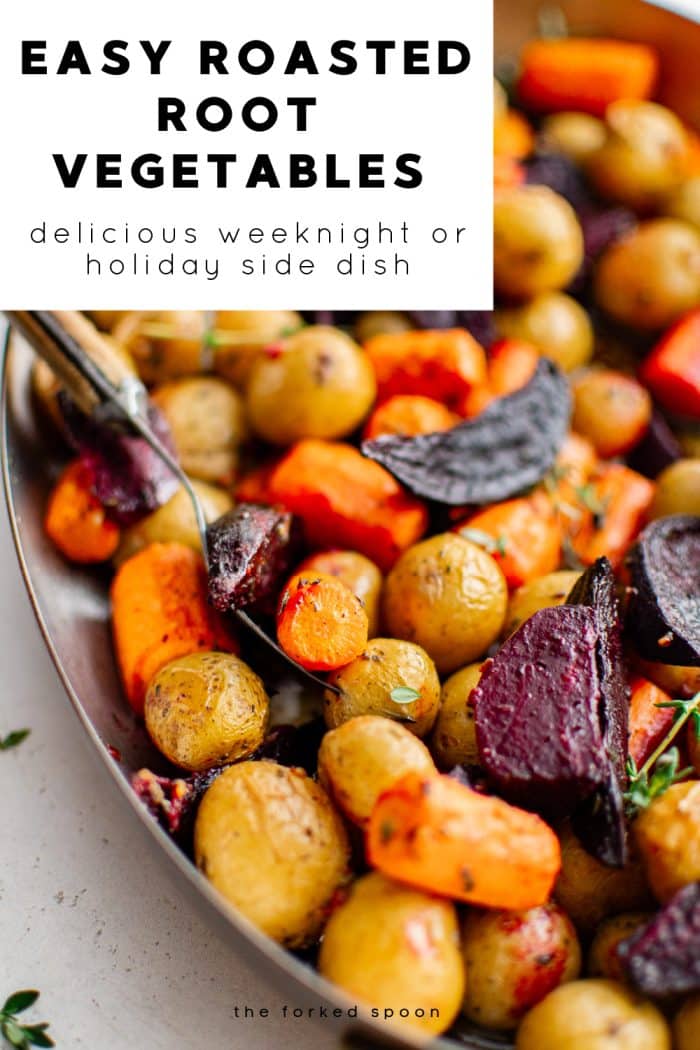 Easy roasted root vegetables made with carrots, beets, and potatoes in a golden, savory herb coating.