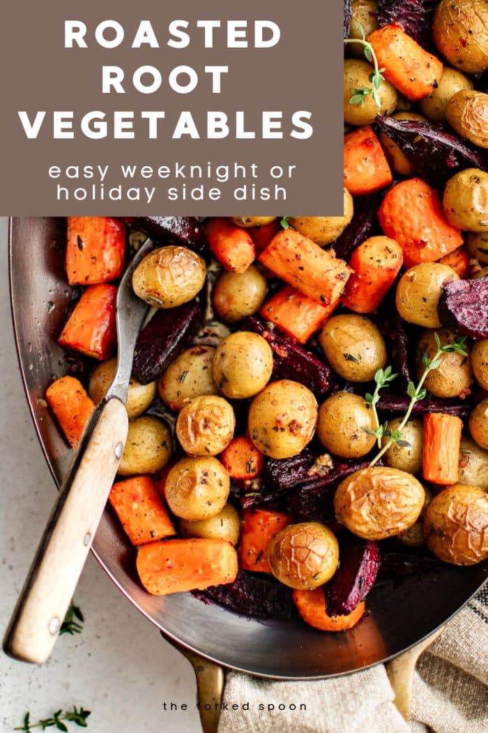 Vegan and gluten-free roasted root vegetables with carrots, beets, and baby potatoes - colorful, hearty, and delicious.