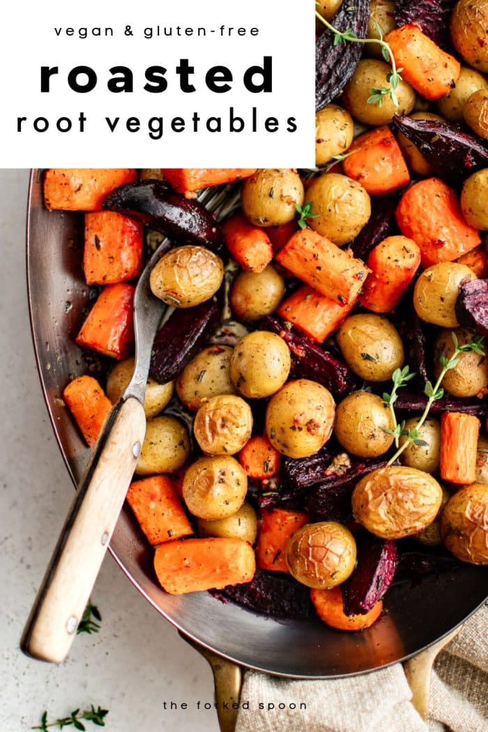 Roasted root vegetables with golden potatoes, carrots, and beets. The perfect easy weeknight or holiday side dish.
