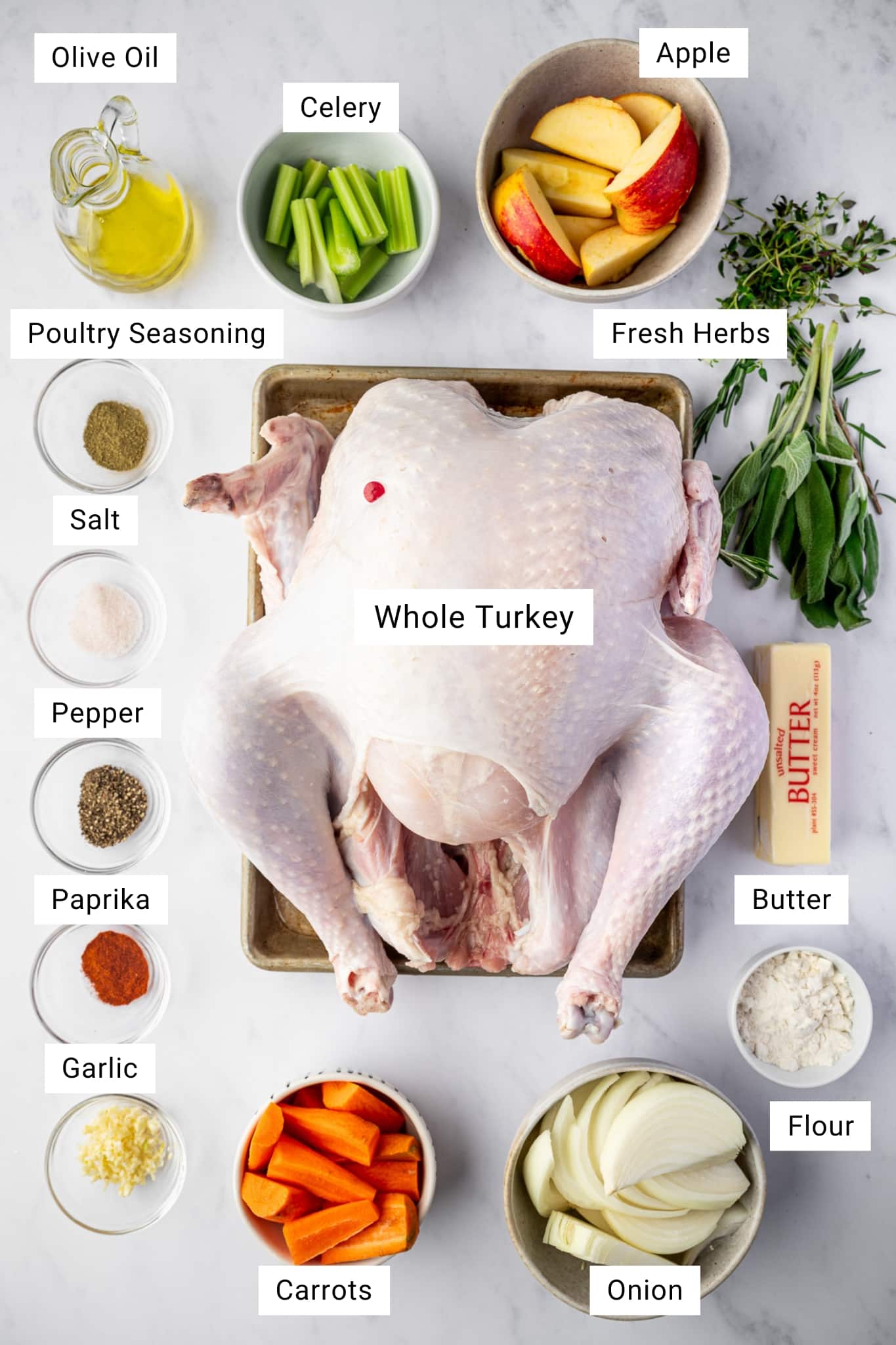 A labeled overhead shot of everything you need to make the best roast turkey recipe for Thanksgiving, including a whole raw turkey, herb butter ingredients, vegetables for roasting, and basic seasonings.