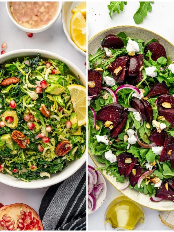Collage of two fall salads: a shaved Brussels sprouts and kale salad with pomegranate and pecans, and a roasted beet and arugula salad with goat cheese and pistachios.