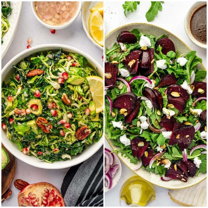 Collage of two fall salads: a shaved Brussels sprouts and kale salad with pomegranate and pecans, and a roasted beet and arugula salad with goat cheese and pistachios.