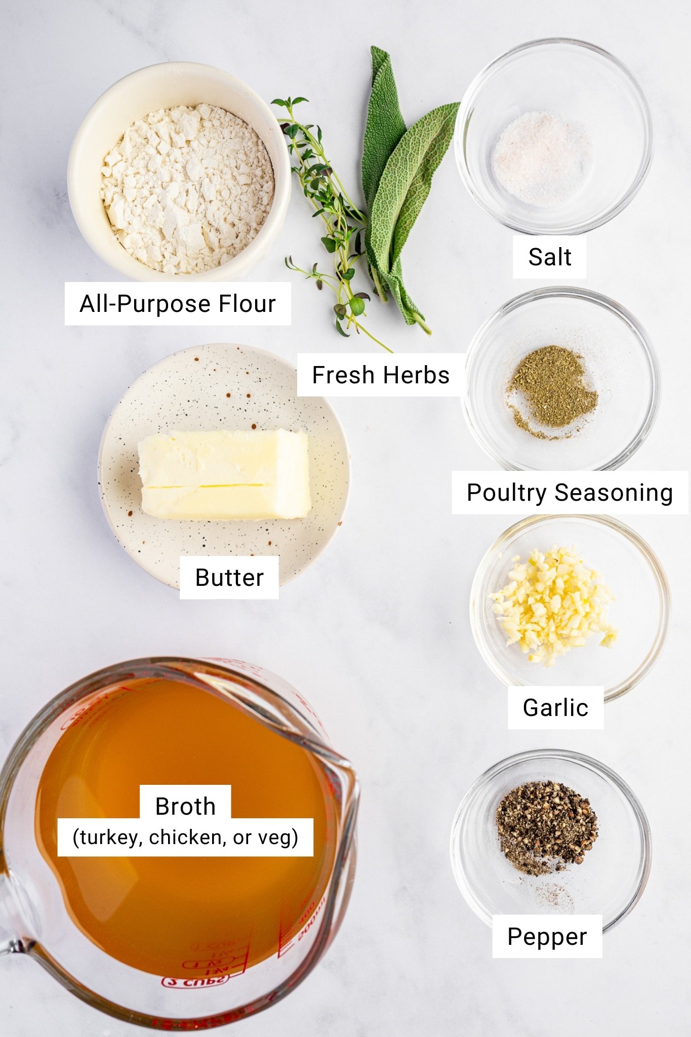 Ingredients for easy homemade gravy including flour, butter, garlic, broth, herbs, salt, pepper, and poultry seasoning.